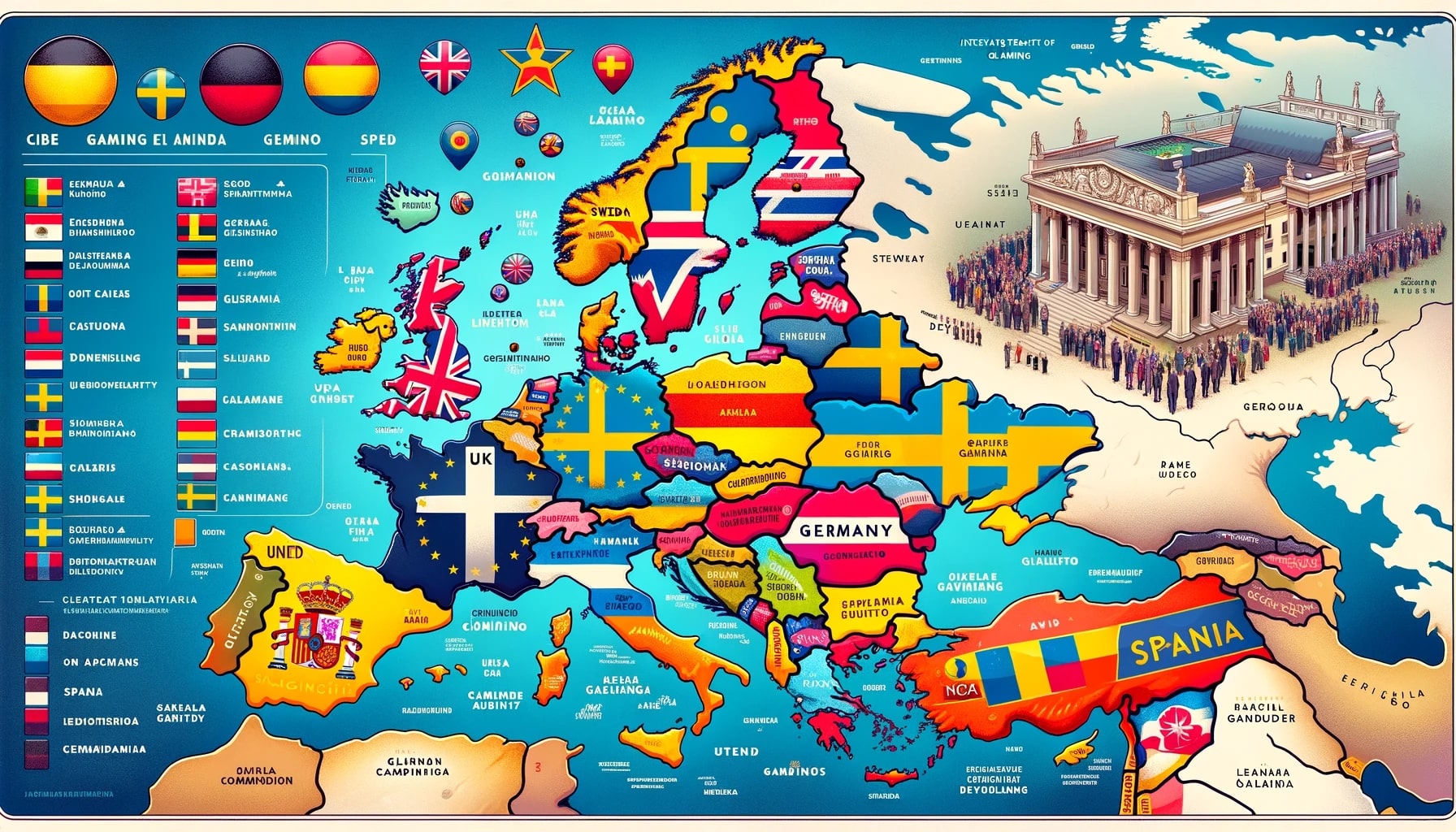 A map of Europe highlighting key countries with significant online casino markets and their respective regulatory bodies